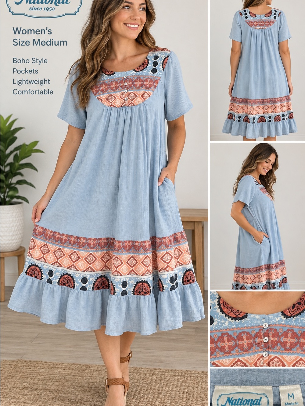Boho Embroidered Midi Dress in Light Blue with Printed Hem